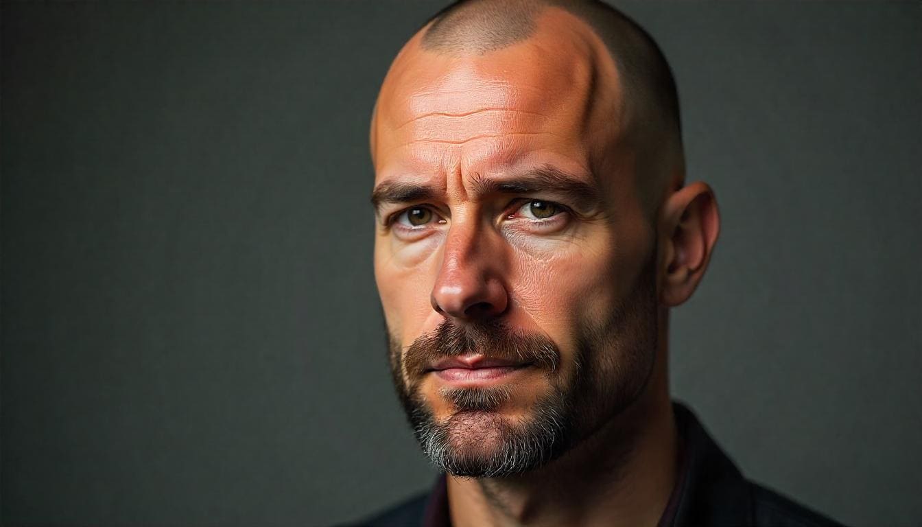 Bald man featuring a minimalist soul patch beneath the lower lip.